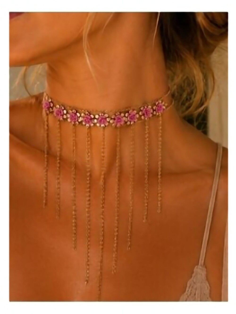 Gold and Pink Floral Fringe Choker Necklace